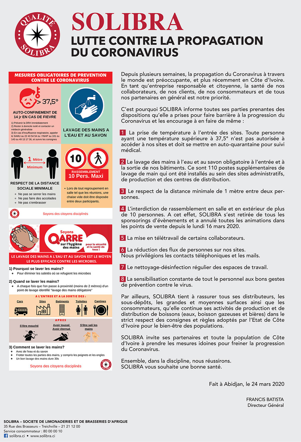 COMMUNIQUE OFFICIEL - LUTTE CONTRE LA PROPAGATION DU CORONAVIRUS