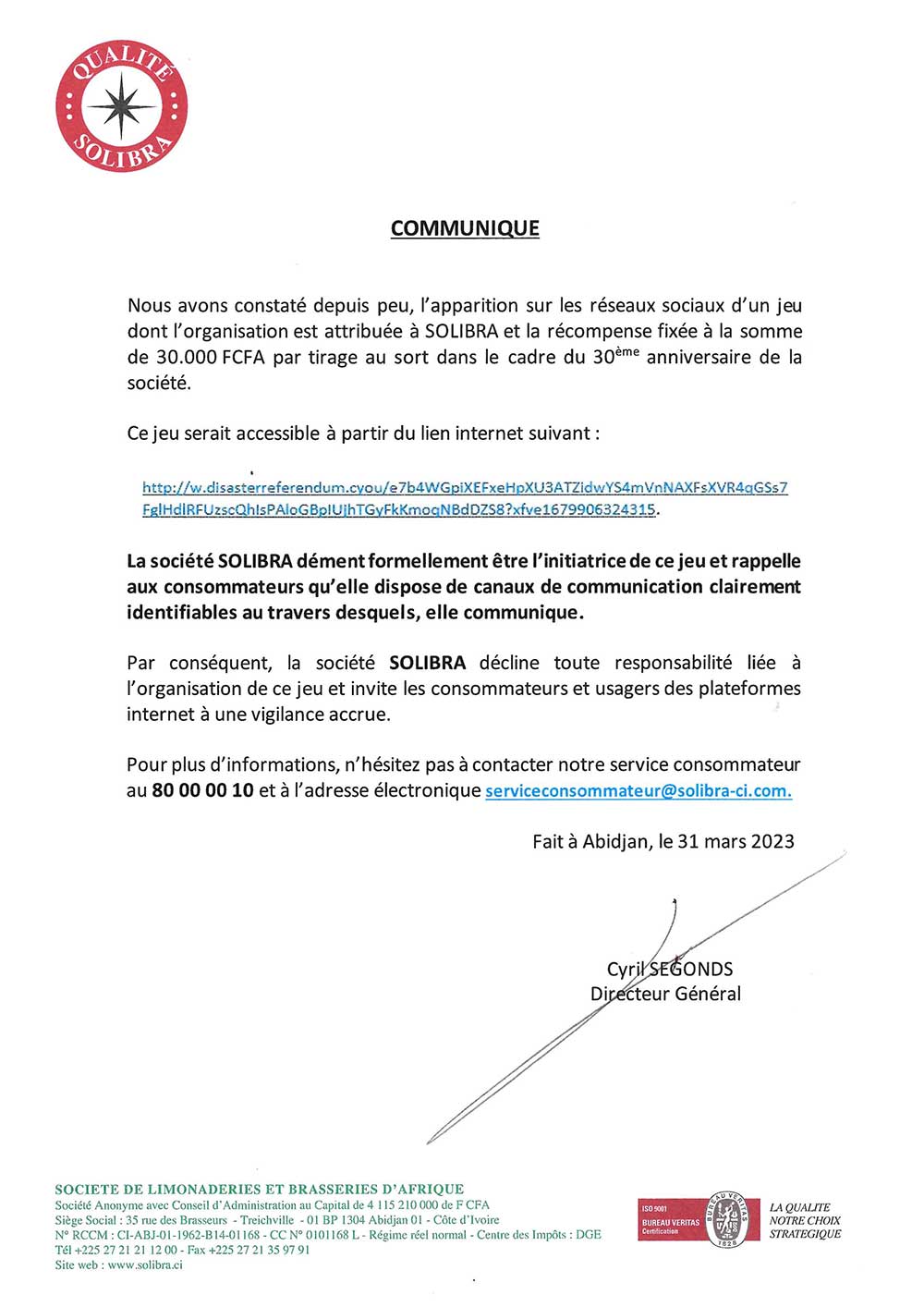 Communiqué - Attention Jeu d'arnaque